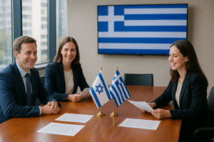 תרגום מעברית ליוונית בתמונה במשרד יושבים שתי נשים וגבר לבוש עסקי ועל מסף הטלווזיה דגל יוון