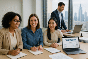 תרגום תלושי משכורת בתמונה שלוש עובדות ישובות במשרד מודרני עוסקות בתחום תלושי שכר