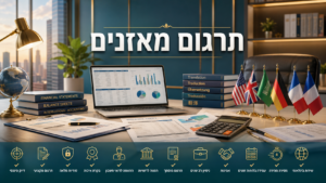 תרגום מאזנים - תמונה המציגה סביבת עבודה פיננסית מקצועית עם הכותרת "תרגום מאזנים" בראש התמונה. על השולחן מחשבון פיננסי, ספרי חשבונאות, דוחות כספיים ומסמכים עסקיים. תרגום מאזנים - תמונה המציגה סביבת עבודה פיננסית מקצועית עם הכותרת "תרגום מאזנים" בראש התמונה. על השולחן מחשבון פיננסי, ספרי חשבונאות, דוחות כספיים ומסמכים עסקיים.