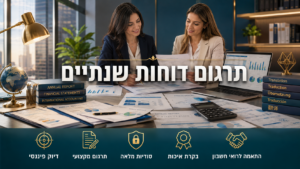 תרגום דוחות שנתיים - בתמונה נראית סביבה עסקית מקצועית ומודרנית, שבה אנשי מקצוע יושבים סביב שולחן עבודה ומעיינים בדוחות כספיים ומסמכים פיננסיים. על השולחן ניתן לראות דוחות שנתיים, מחשבון, גרפים פיננסיים וגלובוס המסמל פעילות בינלאומית ותרגום מסמכים בין מדינות ושווקים שונים.
תרגום דוחות שנתיים - בתמונה נראית סביבה עסקית מקצועית ומודרנית, שבה אנשי מקצוע יושבים סביב שולחן עבודה ומעיינים בדוחות כספיים ומסמכים פיננסיים. על השולחן ניתן לראות דוחות שנתיים, מחשבון, גרפים פיננסיים וגלובוס המסמל פעילות בינלאומית ותרגום מסמכים בין מדינות ושווקים שונים.