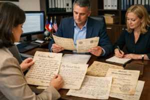 תאור תמונה: משרד תרגום מקצועי עם בחור בחליפה ושתי נשים מול מחשב, דגלי ארה"ב ומדינות נוספות, כתבי יד ותעודות על השולחן, אווירה אמינה ומסודרת.