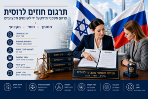 תרגום חוזים לרוסית- בתמונה: מתרגמת מקצועית ועורך דין בוחנים חוזה דו-לשוני במשר, לצד מסמכים משפטיים וסמלים רוסיים המייצגים תרגום חוזים לרוסית. תרגום חוזים לרוסית- בתמונה: מתרגמת מקצועית ועורך דין בוחנים חוזה דו-לשוני במשר, לצד מסמכים משפטיים וסמלים רוסיים המייצגים תרגום חוזים לרוסית.