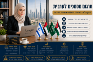 תרגום מסמכים לערבית - עורכת דין יושב במשרד מודרני ומייצג שירותי תרגום מקצועיים לערבית. על שולחן העבודה מונחים דגל ישראל לצד דגלי מדינות ערב, וברקע נראים מגדלי משרדים בסביבה עסקית.