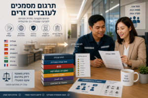 תרגום מסמכים לעובדים זרים - בתמונה: על השולחן מונחים חוזי עבודה, מסמכי העסקה מתורגמים, נהלי בטיחות וחומרי הדרכה לעובדים. העובדים נראים מרוצים, בטוחים בעצמם ומשתלבים היטב במקום העבודה, בעוד המעסיק מציג בפניהם את המסמכים ומסביר את תנאי ההעסקה. ברקע מופיעים באופן בולט דגלי תאילנד, הודו, סרי לנקה, סין, נפאל והפיליפינים, המסמלים את מגוון המדינות שמהן מגיעים העובדים