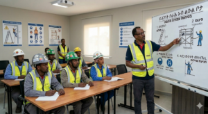 הדרכת בטיחות לעבודה בגובה לעובדים דוברי טיגרית מאריתריאה,בתמונה: עובדים עם קסדות יושבים בכיתה ומקשיבים למדריך שמסביר ליד לוח הכולל איורים לסולמות ומנוף. הדרכת בטיחות לעבודה בגובה לעובדים דוברי טיגרית מאריתריאה,בתמונה: עובדים עם קסדות יושבים בכיתה ומקשיבים למדריך שמסביר ליד לוח הכולל איורים לסולמות ומנוף.