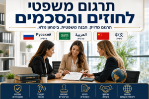 תרגום חוזים והסכמים מקצועי במגוון שפות. בתמונה נראות שלוש נשים מקצועיות היושבות סביב שולחן עבודה ומעיינות במסמכים ובחוזים. בחלק העליון מופיעה הכותרת "תרגום חוזים והסכמים", לצד הדגשה של שפות מובילות כגון אנגלית, רוסית, ערבית וסינית.