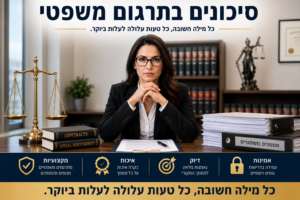 תאור התמונה: בנושא סיכונים בתרגום משפטי. במרכז התמונה נראית עורכת דין בעלת משקפיים, לבושה בחליפה כהה, יושבת במשרד עורכי דין ומביטה ישירות למצלמה במבט רציני וממוקד. על שולחנה מונחים מסמכים משפטיים, תיק מסמכים ועט. ברקע נראים מדפי ספרי חוק ופסל מאזני צדק מוזהב, המסמלים את עולם המשפט.