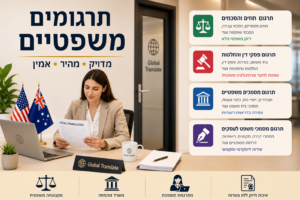 תרגומים משפטיים במשרד מודרני ומעוצב, מתרגמת מקצועית יושבת מול מחשב נייד ומתרגמת מסמכים משפטיים. על השולחן מונחים חוזים, מסמכים רשמיים וכלי עבודה משרדיים, וברקע סביבת עבודה אלגנטית המשדרת אמינות, דיוק ומקצועיות.