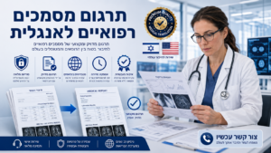 תרגום מסמכים רפואיים: בתמונה: רופאה בודקת מסמכים רפואיים מתורגמים מעברית לאנגלית לצד דגלי ישראל וארצות הברית. תרגום מסמכים רפואיים: בתמונה: רופאה בודקת מסמכים רפואיים מתורגמים מעברית לאנגלית לצד דגלי ישראל וארצות הברית.
