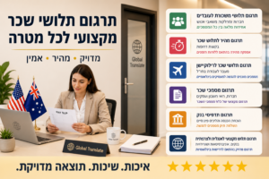 תרגום תלושי שכר במשרד מודרני ומעוצב, מתרגמת מקצועית יושבת לצד מחשב נייד פתוח ומסמכי שכר. על השולחן ניצבים דגלי אוסטרליה וארצות הברית, המדגישים שירותי תרגום למסמכים בינלאומיים לצורכי רילוקיישן, עבודה והגירה. ברקע מופיעים כיתובים המדגישים איכות, דיוק מרבי, מקצועיות ושירות אמין, באווירה עסקית נקייה ומתקדמת. תרגום תלושי שכר במשרד מודרני ומעוצב, מתרגמת מקצועית יושבת לצד מחשב נייד פתוח ומסמכי שכר. על השולחן ניצבים דגלי אוסטרליה וארצות הברית, המדגישים שירותי תרגום למסמכים בינלאומיים לצורכי רילוקיישן, עבודה והגירה. ברקע מופיעים כיתובים המדגישים איכות, דיוק מרבי, מקצועיות ושירות אמין, באווירה עסקית נקייה ומתקדמת.