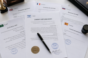 תרגום הסכמי ממון לשפות לאנגלית רוסית. בתמונה הסכמי ממון לשפות מונחים על שולחן חתומים בחותמת עגולה ומעלהם עט בצבע שחור 