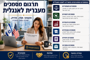 תרגום מסמכים מעברית לאנגלית - בתמונה- משרד תרגום מודרני ומעוצב באווירה מקצועית. על שולחן העבודה מונחים דגלי ישראל וארצות הברית לצד מסמכים רשמיים באנגלית ובעברית. במרכז התמונה עורכת דין העוסקת בתרגומים משפטיים, תרגום מסמכים מעברית לאנגלית - בתמונה- משרד תרגום מודרני ומעוצב באווירה מקצועית. על שולחן העבודה מונחים דגלי ישראל וארצות הברית לצד מסמכים רשמיים באנגלית ובעברית. במרכז התמונה עורכת דין העוסקת בתרגומים משפטיים,