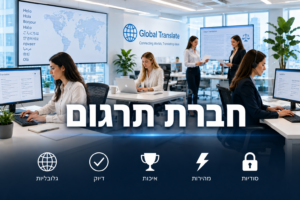 חברת תרגום - בתמונה: עובדות ועובדים בחברת תרגום בינלאומית במשרד מודרני, עובדים מול מסכים בשפות שונות. אייקונים מסמלים סודיות, מהירות, איכות, דיוק ופעילות גלובלית. 