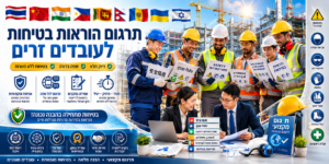 תרגום הוראות בטיחות לעובדים זרים -בתמונה: מנהלי עבודה מחזיקים מסמכי בטיחות ומציגים הוראות עבודה לעובדים זרים באתר בנייה. סביבם מופיעים אייקוני בטיחות של קסדת מגן, משקפי מגן, כפפות עבודה, מגפי בטיחות ואמצעי מיגון נוספים. ברקע נראים עובדים חובשי קסדות ואפודי בטיחות בסביבת עבודה פעילה, המדגישה את חשיבות תרגום נהלי הבטיחות והדרכת עובדים בשפתם לצורך שמירה על בטיחות בעבודה ומניעת תאונות.