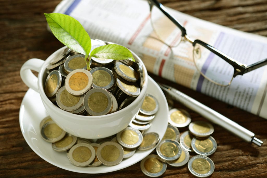 תרגום מסמכים יכולה לתרום לצמיחה עסקית, בתמונה: ספל קפה מלא מטבעות וצמח צומח בספל.