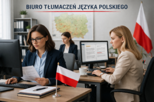 במשרד מודרני יושבות מתרגמות לשפה הפולנית מול מחשבים, על השולחן דגל פולין, וברקע מופיע בפולנית הכיתוב: משרד תרגום לתרגום לפולנית.