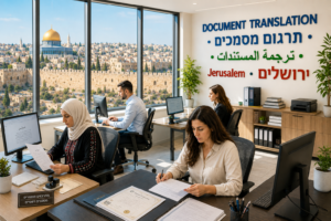 תרגום מסמכים בירושלים - שירות מקצועי לשגרירויות, משרדי ממשלה, בתי משפט ואוניברסיטאות מאז 2008.בתמונה:
משרד תרגום בירושלים עם מסמכים רשמיים, דרכונים ותעודות מסודרות על שולחן עבודה מודרני. ברקע נראים קו הרקיע של ירושלים ואווירה רשמית ומכובדת, המדגישה שירותי תרגום מסמכים מדויקים עבור שגרירויות, משרדי ממשלה, בתי משפט, אוניברסיטאות ולקוחות פרטיים.