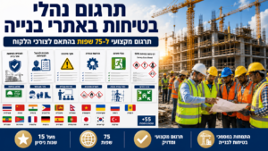 תרגום נהלי בטיחות באתרי בנייה בתמונה: נראית קבוצת עובדי בניין ממוצאים שונים המשתתפים בהדרכת בטיחות מקצועית לפני תחילת העבודה. העובדים חובשים קסדות מגן ואפודי זוהר, ומדריך בטיחות מסביר להם את הנהלים באמצעות לוח ותרשימי בטיחות. ברקע נראה אתר בנייה פעיל עם בניין רב קומות בשלבי הקמה, מנופי צריח, פיגומים, ציוד הנדסי כבד ואווירת עבודה מקצועית. תרגום נהלי בטיחות באתרי בנייה בתמונה: נראית קבוצת עובדי בניין ממוצאים שונים המשתתפים בהדרכת בטיחות מקצועית לפני תחילת העבודה. העובדים חובשים קסדות מגן ואפודי זוהר, ומדריך בטיחות מסביר להם את הנהלים באמצעות לוח ותרשימי בטיחות. ברקע נראה אתר בנייה פעיל עם בניין רב קומות בשלבי הקמה, מנופי צריח, פיגומים, ציוד הנדסי כבד ואווירת עבודה מקצועית.