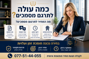 כמה עולה לתרגם מסמכים? בתמונה נראית עורכת דין מקצועית היושבת במשרד מודרני ומעוצב, מול מחשב נייד ומסמכים רשמיים. על שולחן העבודה מונחים מסמכים, מחשבון, תיקיות ומילונים מקצועיים, המסמלים תהליך תמחור מדויק של שירותי תרגום. כמה עולה לתרגם מסמכים? בתמונה נראית עורכת דין מקצועית היושבת במשרד מודרני ומעוצב, מול מחשב נייד ומסמכים רשמיים. על שולחן העבודה מונחים מסמכים, מחשבון, תיקיות ומילונים מקצועיים, המסמלים תהליך תמחור מדויק של שירותי תרגום.