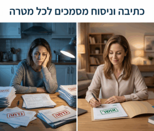 ניסוח מכתבים - בתמונה שתי נשים בתמונה מפוצלת מתמודדות עם ניסוח מכתבים השמאלית מותשת והימנית מקבלת תשובות חיוביות 