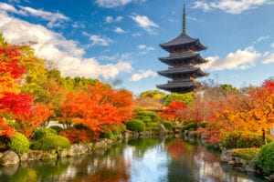 תרגום ליפנית - בתמונה פארק ביפן עצים בצבע כתום עז סביב אגם ואופק בניין בסיגנון יפני