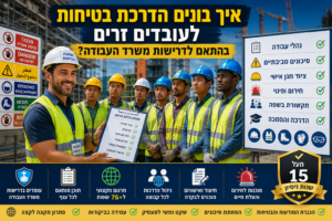 הדרכת בטיחות לעובדים זרים - בתמונה נראה ממונה בטיחות המעביר הדרכת בטיחות לקבוצת עובדים זרים החובשים קסדות ואפודי מגן, כאשר כולם מקשיבים בתשומת לב. בראש התמונה מופיעה הכותרת הבולטת: "איך בונים הדרכת בטיחות לעובדים זרים?