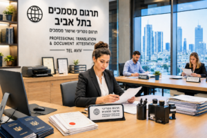 תרגום מסמכים בתל אביב -בתמונה: שתי נשים וגבר במשרד תרגום מודרני בתל אביב עובדים מול מחשבים, עם מסמכים רשמיים, דרכונים וחותמות על השולחן.
תרגום מסמכים בתל אביב -בתמונה: שתי נשים וגבר במשרד תרגום מודרני בתל אביב עובדים מול מחשבים, עם מסמכים רשמיים, דרכונים וחותמות על השולחן.