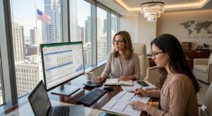 תרגום דוחות כספיים לאנגלית - בתמונה מנהלות כספים בודקות דוחות כספיים יושבות מול מסך מחשב הכולל טבלאות מספרים וגרפים במשרד. בחלון דגל ארה"ב 
